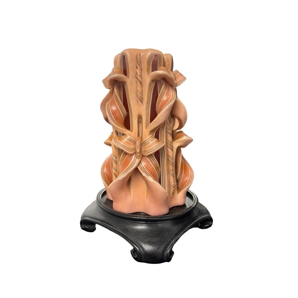 Vintage Hand Carved Ribbon Dip Candle Peach Tan Boho Retro Decor‎ 6.5 Inch